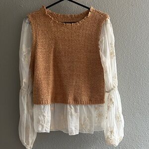 Anthropologie Tan Knit Blouse with Sheer Cream Sleeves
